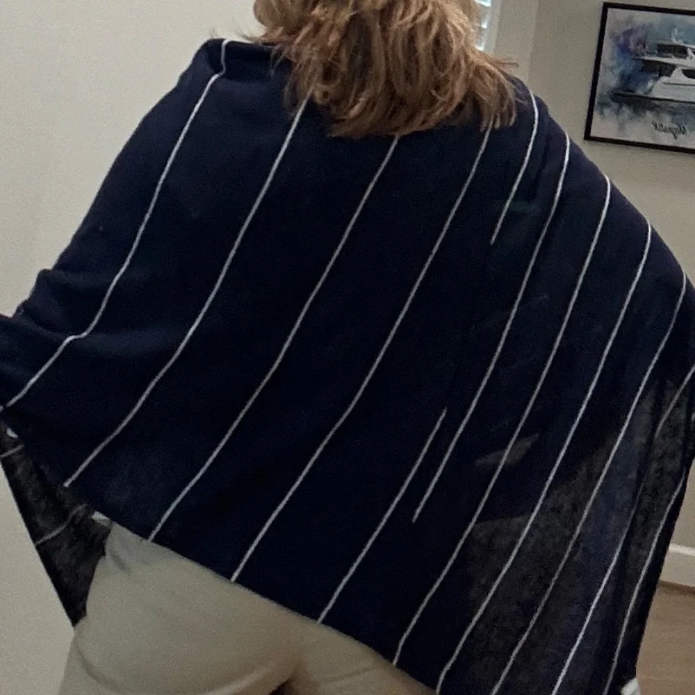 Eileen fisher navy blue/white striped linen poncho - OS